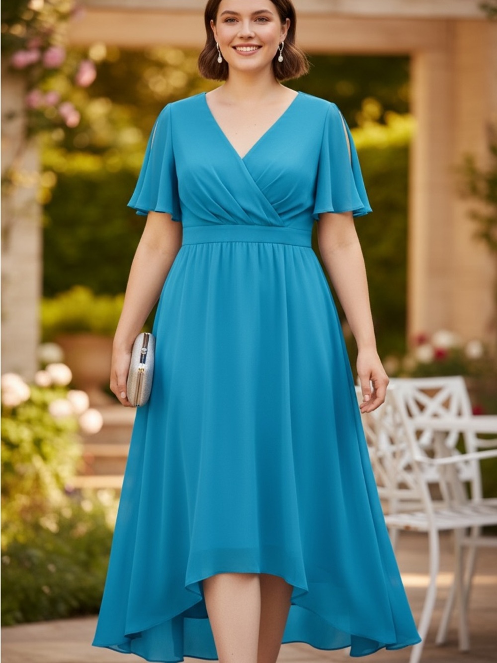 JJs House Teal V-Neck Flutter Sleeve High-Low Midi Dress